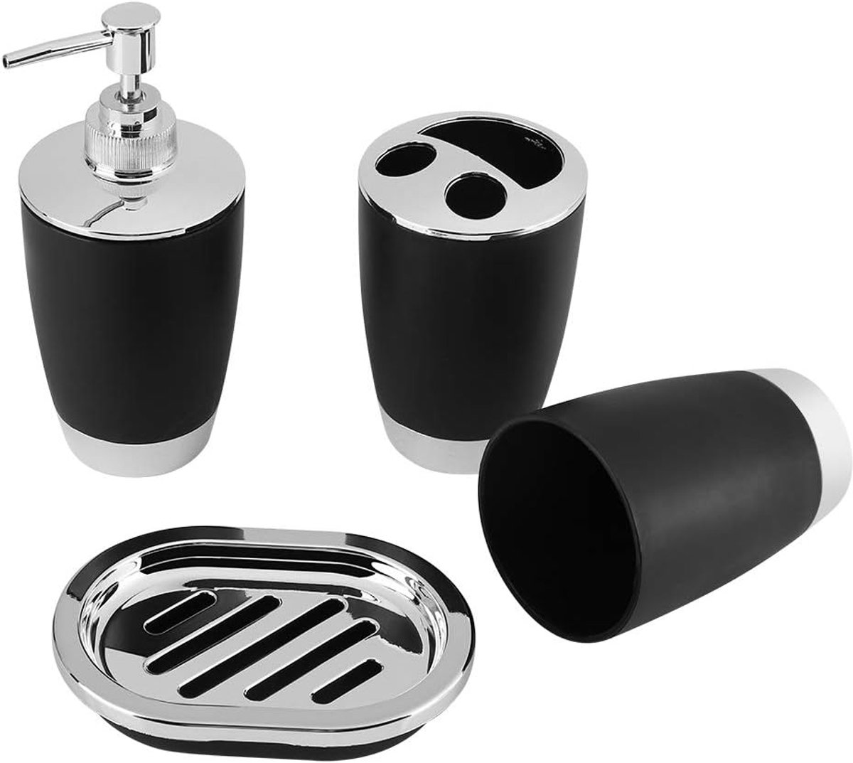 Badkameraccessoire set - 4-delig - zwart - elegant design - perfect voor vloeibare zeep - ShopVlot