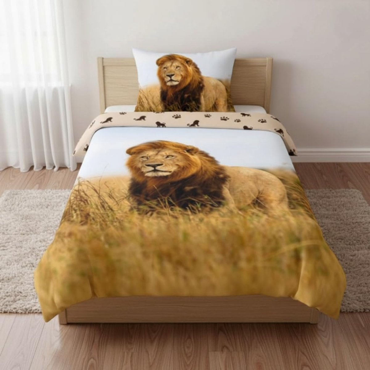 Beddengoedset leeuw savane safari 135x200cm - 100% katoen - omkeerbare kussensloop - ideaal voor dierenliefhebbers - ShopVlot