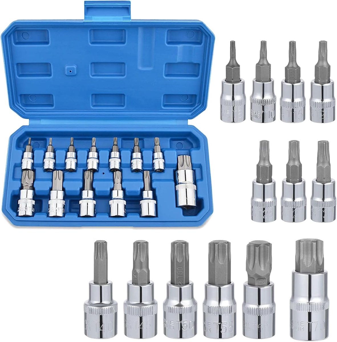 Torx steeksleutel set 13-delig - T8 tot T70 - 1/4, 3/8 en 1/2 inch - Ideaal voor precisiewerk - ShopVlot