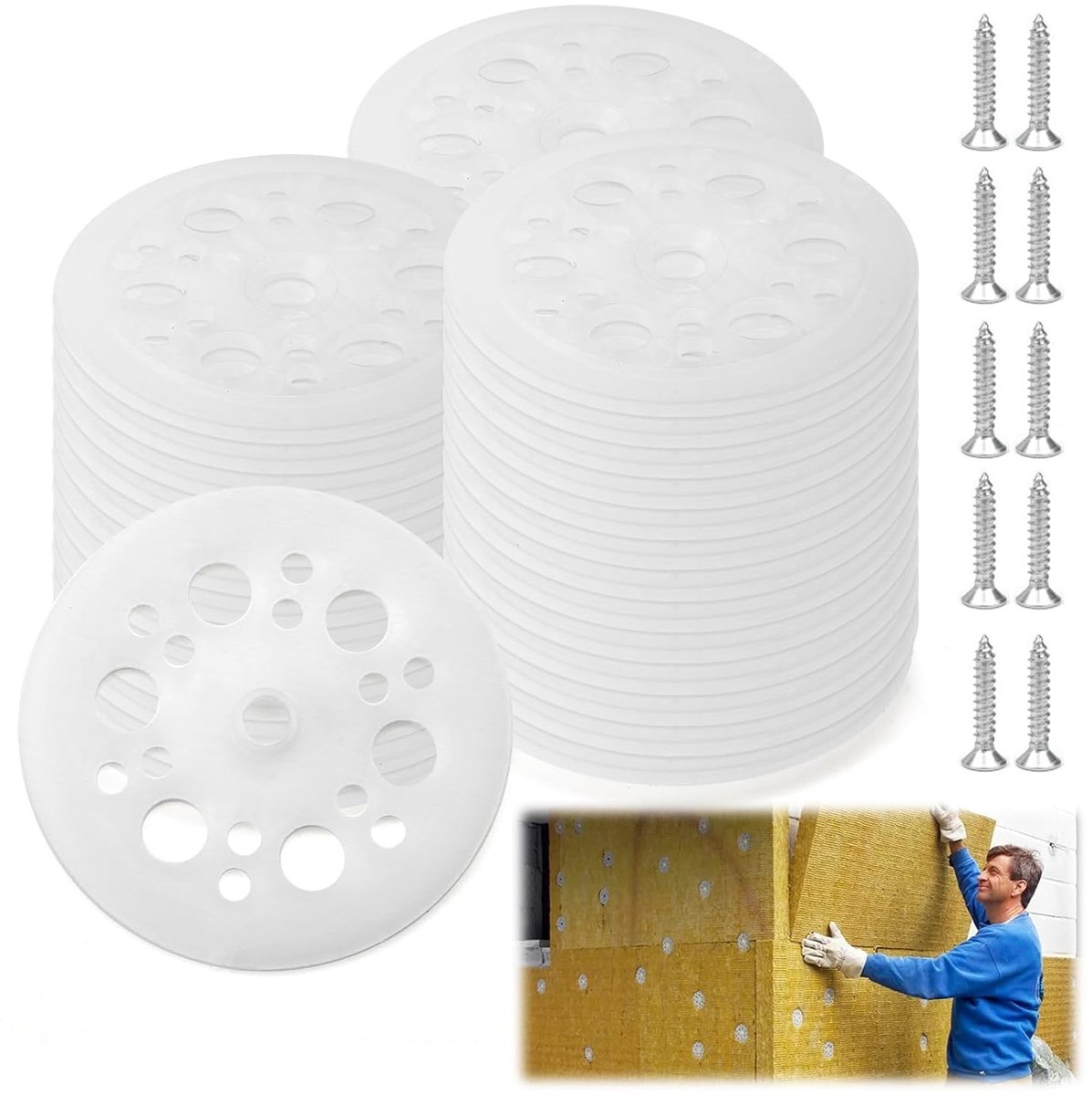 Plastic Washers Set van 100 Stuks met 100 Schroeven van 3 cm voor Isolatieplaten en Basisplaten voor Houten Muren