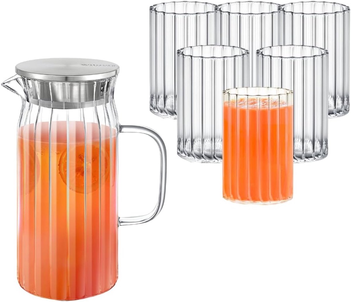Wilmax Glazen karaf, 1 liter, met 6 waterglazen van 200 ml in set, deksel van roestvrij staal, waterkaraf van geribbeld glas, waterkan voor sap, water, ijsthee, melk, glazen karaf, waterkan