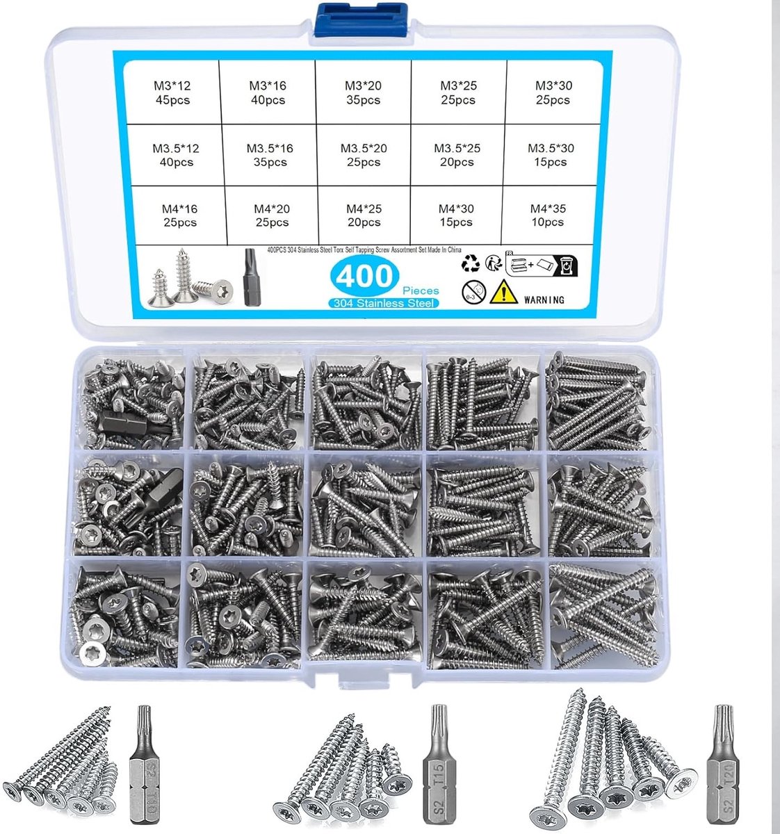 Complete Set van 400 Zelftappende Schroeven, RVS Verzonken Torx Schroeven voor Hout en Gipsplaat, M3/M3.5/M4, Lengtes van 12 tot 35mm - Ideaal voor Klussen en Bouwprojecten