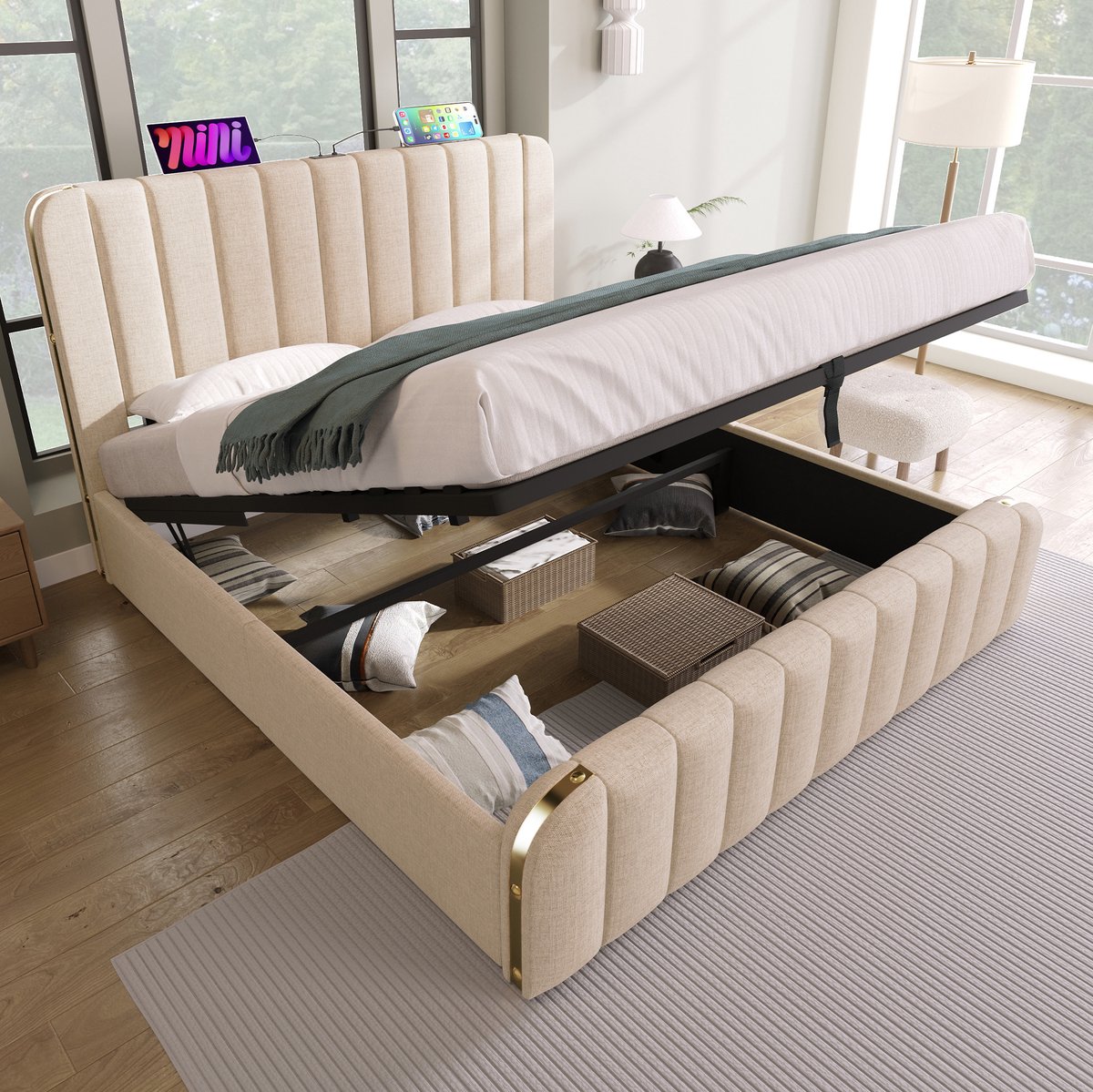 HAUSS SPOLE Gestoffeerd Bed 140x190 cm - Tweepersoonsbed Met USB-C Aansluiting en Hydraulische Opbergruimte - Zonder Matras - Stof Metaal Hout - Beige