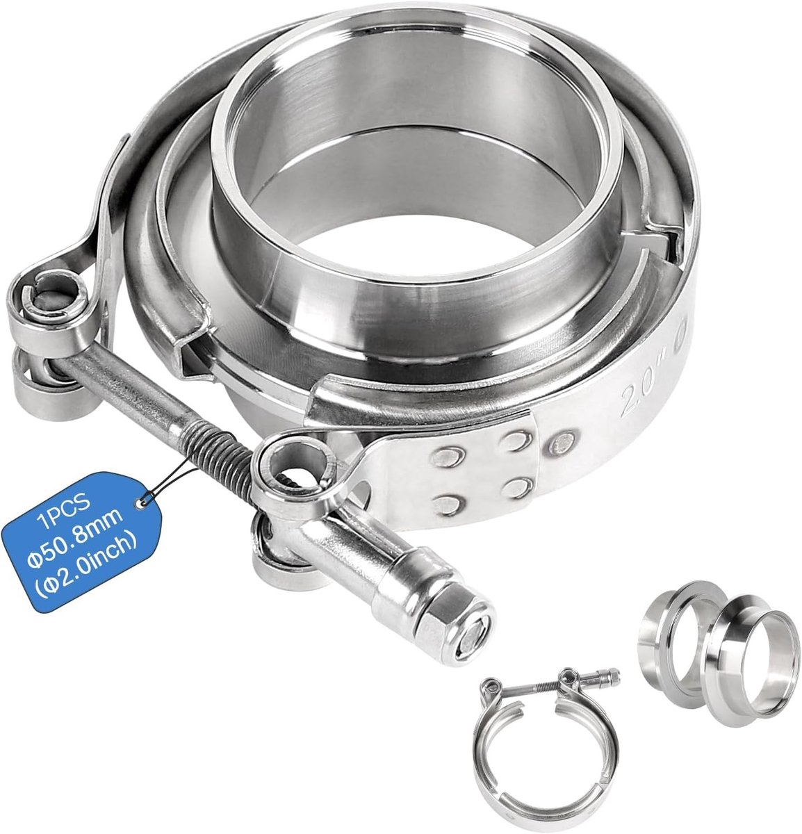 V-Band Klem en Flenzen Ø 50.8mm RVS Kit voor Turbo en Uitlaat, Inclusief Centreringsringen en Lasschijven voor Efficiënte Montage