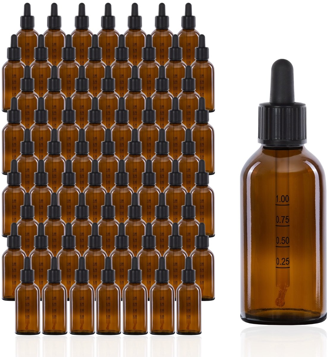Oputec 68x 100ml pipetflesjes bruin glas met schaalverdeling kinderslot lekvrij voor oliën aroma’s essences