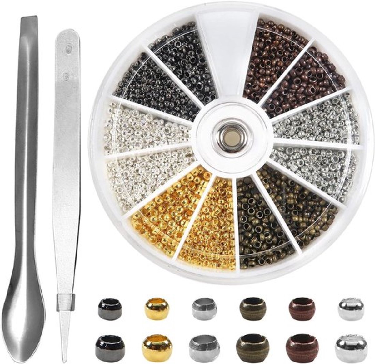- Krimpkralen voor sieraden maken - Kralen - Messing - Rond - Zilver - Goud - Zwart - Brons - Antiek rood - Wit - 2 mm - 2,5 mm - Geschikt voor maken van sieraden - Roestvrijstalen lepel en tang - 2400 stuks.
