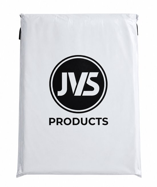 Witte verpakkingstas met zwart JVS PRODUCTS logo in cirkel.