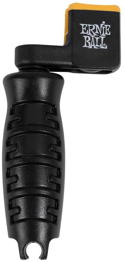 Zwarte Ernie Ball Pegwinder Select gitaartuner met gele top met 'Ernie Ball' logo.
