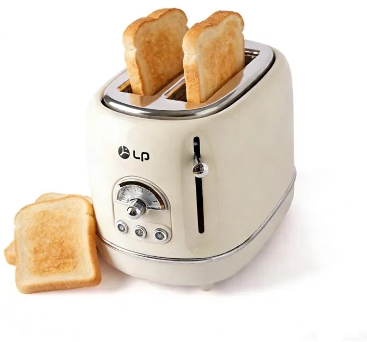 TEKROA® Broodrooster 2 Brede Sleuven - Retro Toaster met 6 Standen - Roestvrij Staal (RVS) - Ontdooifunctie - Beige