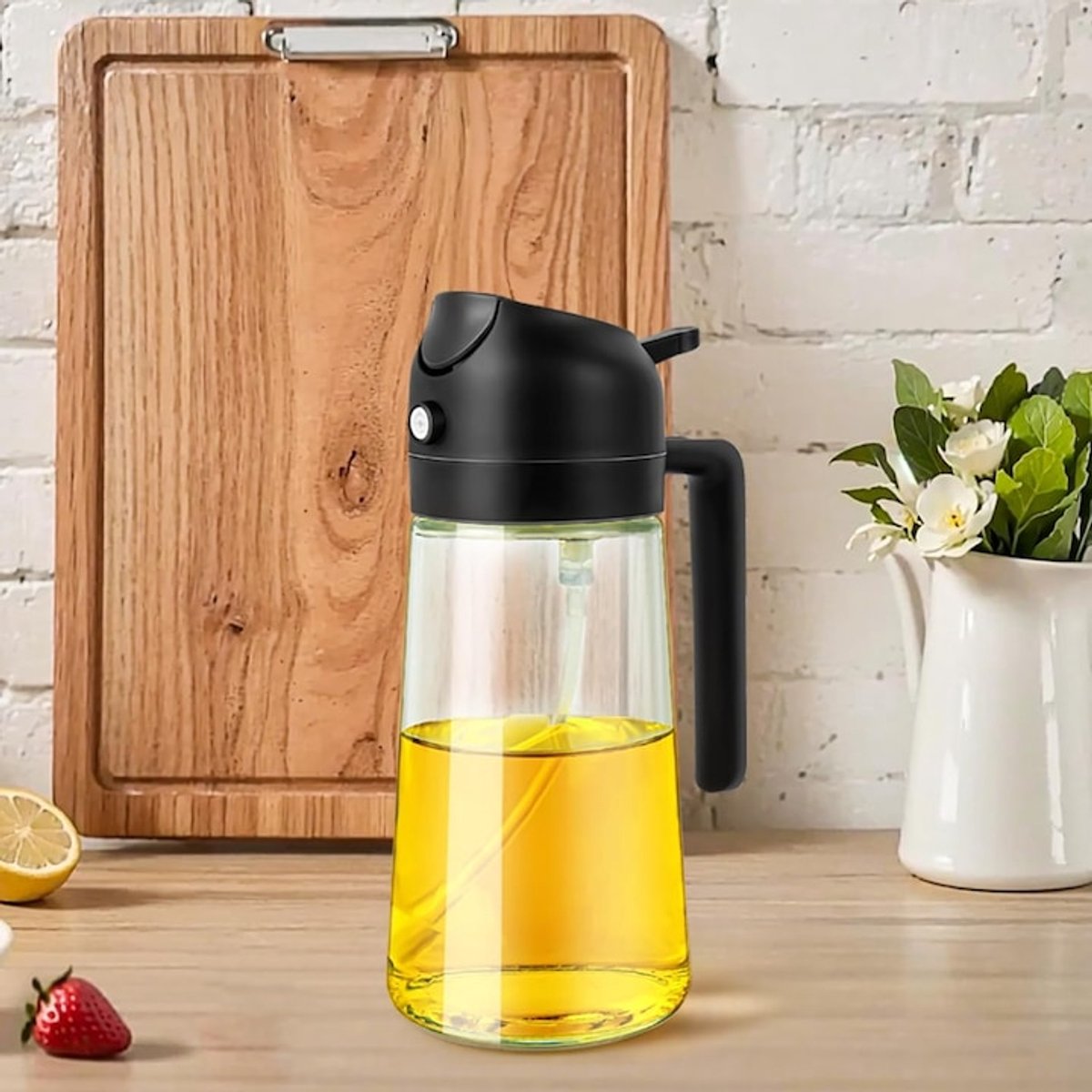 Olijfolie sprayer - TENZHVXI® - 2-in-1 - Spray & Schenk - Gemaakt van glas en PVC - Transparant - Nauwkeurige oliedosering - Voor gebruik in de keuken - Geschikt voor grillen, salades, koken en bakken - 473 ml - Zwart