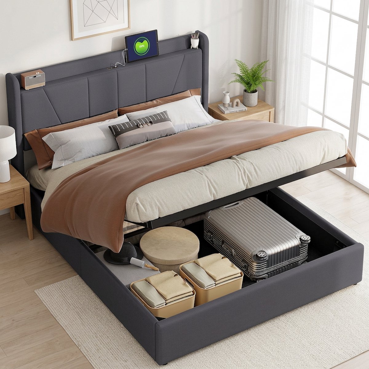 Gestoffeerd Bed 160x200 cm met USB-Stopcontacten, Tweepersoonsbed met Opbergruimte en en lattenbodem, Opbergbed bedframe met rugleuning voor jongerenbed, grijs linnen, zonder matras