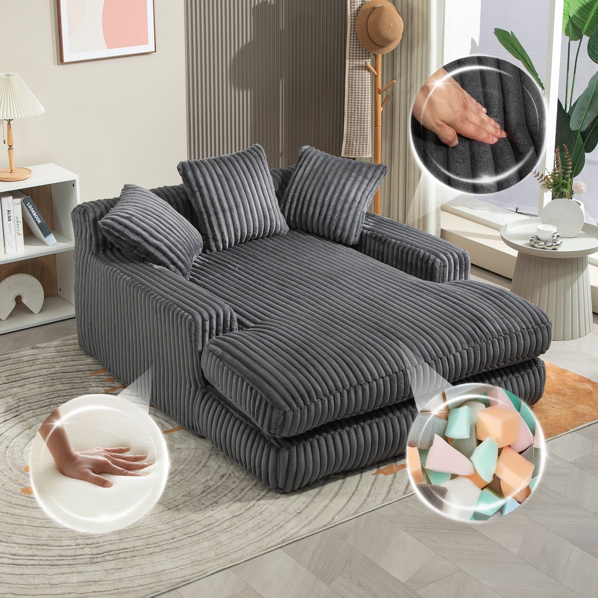 DESMIU Chaise Longue 125 x 155 x 63 cm - Met 3 Kussens En Zonder Montage - Voor Woonkamer En Kantoor - Ribstof - Donkergrijs