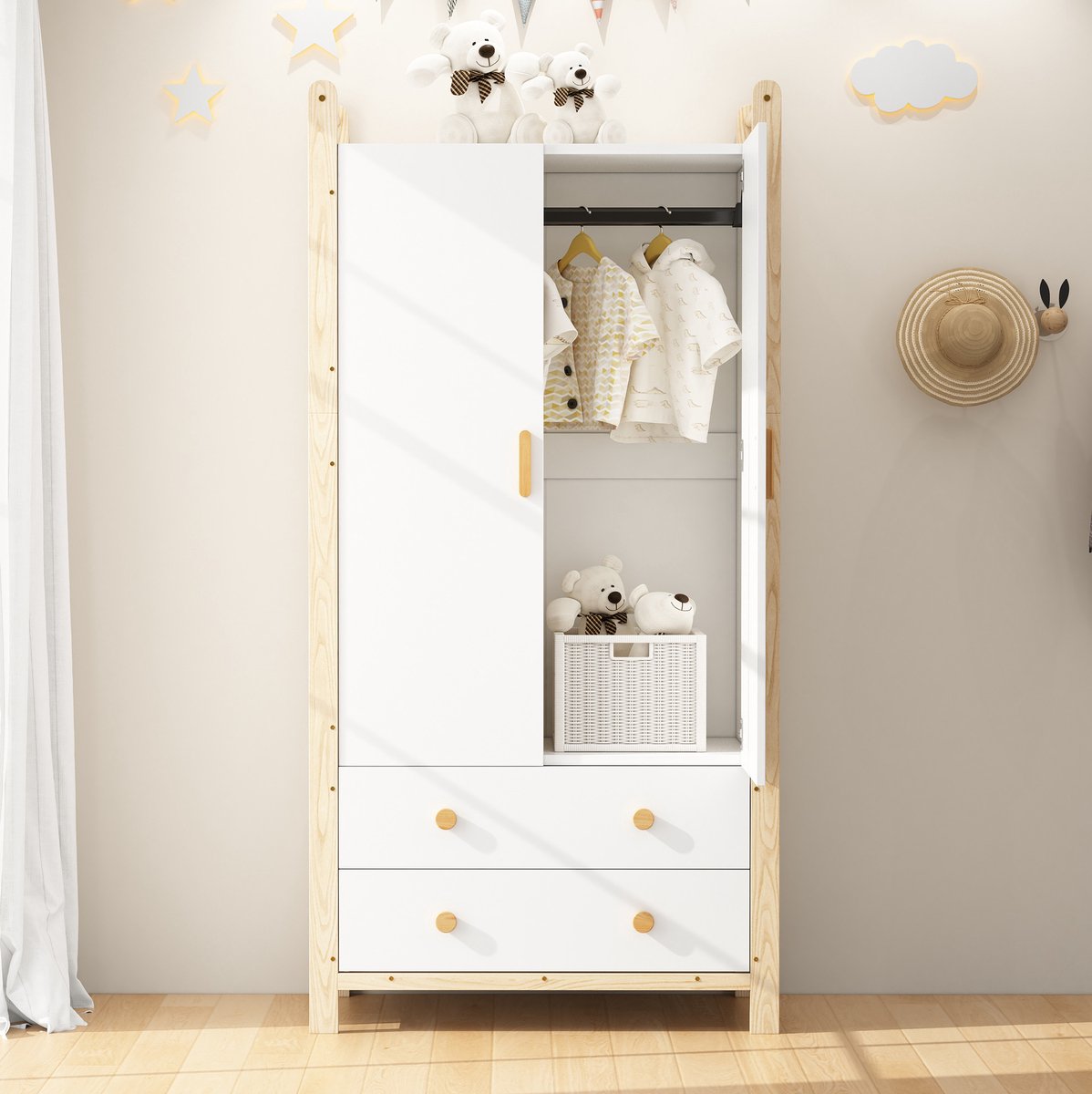 MEUNIQ 2-deurs kledingkast 89,6 x 44 x 180,5 cm met kledingstang en 2 lades, garderobekast voor slaapkamer, kinderkamer of hal, wit en naturel