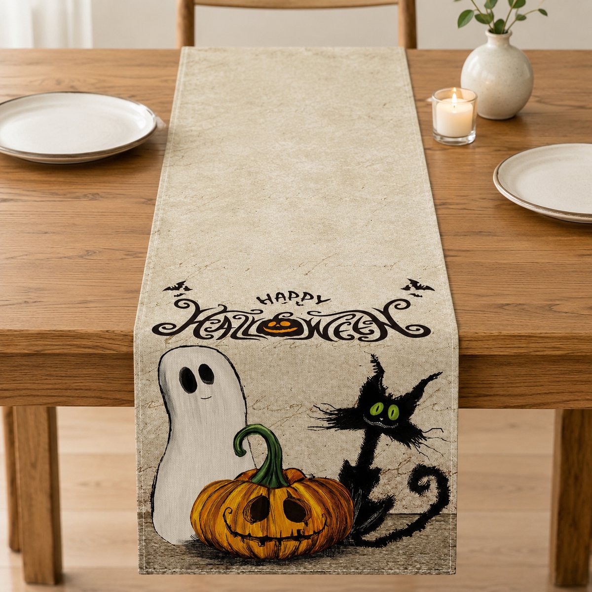 Blazelife Halloweenversieringen Home Bedrukt Velvet textiel Tafelloper - Fluweel - Runner 40*140 - Halloweendecoraties- Rood - Kat