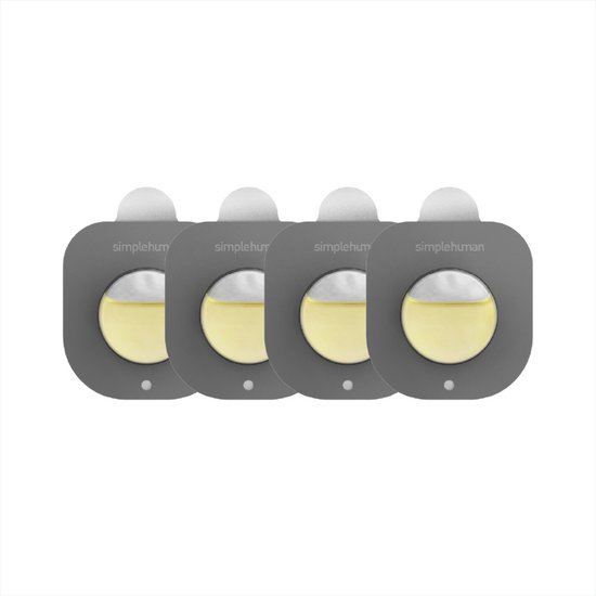Vier grijze geurverwijderaar capsules met gele olie, elk met het simplehuman logo.
