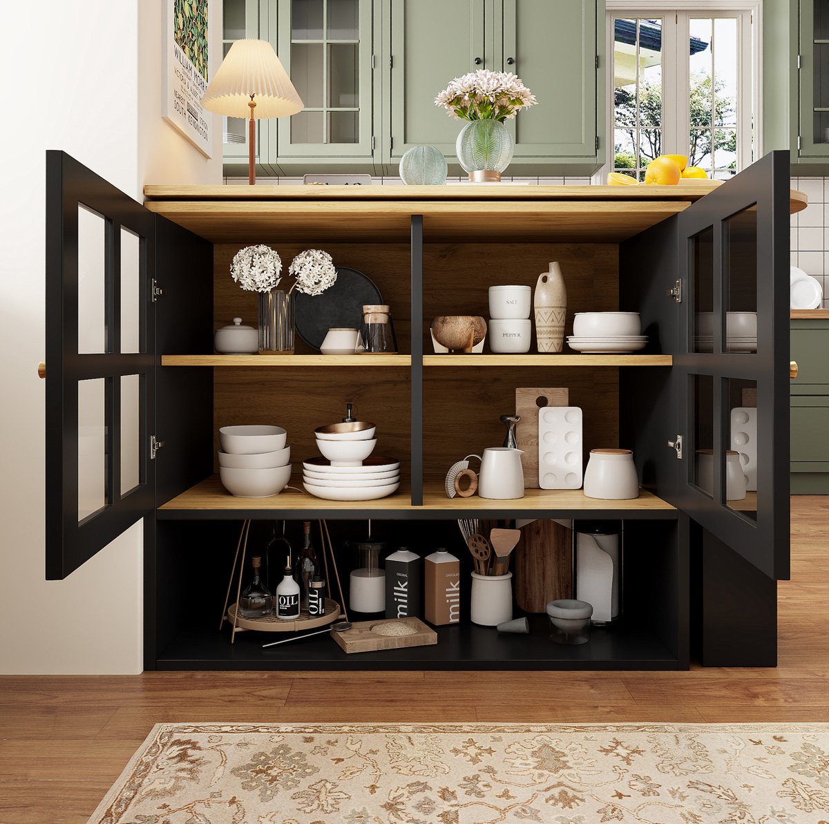 MEUNIQ statafel 138-204 x 39 x 102,5 cm, 360° draaibare bartafel met glazen deuren, 3 zijplanken en verstelbare vakken, opbergruimte voor woonkamer of eetkamer