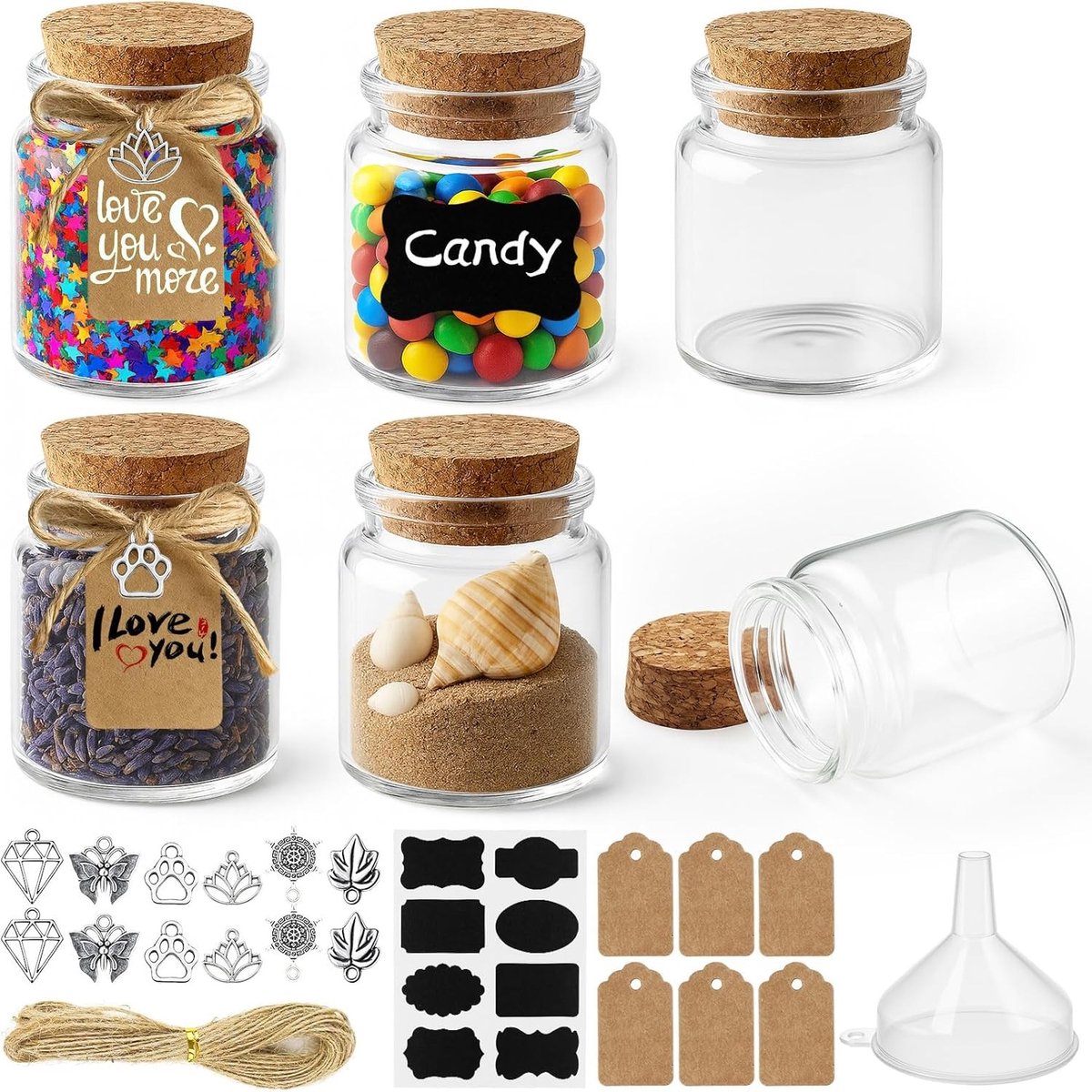 Set van 6 Kleine 50ml Glazen Flessen met Kurk en DIY Accessoires, Lege Mini Kruidenspotjes