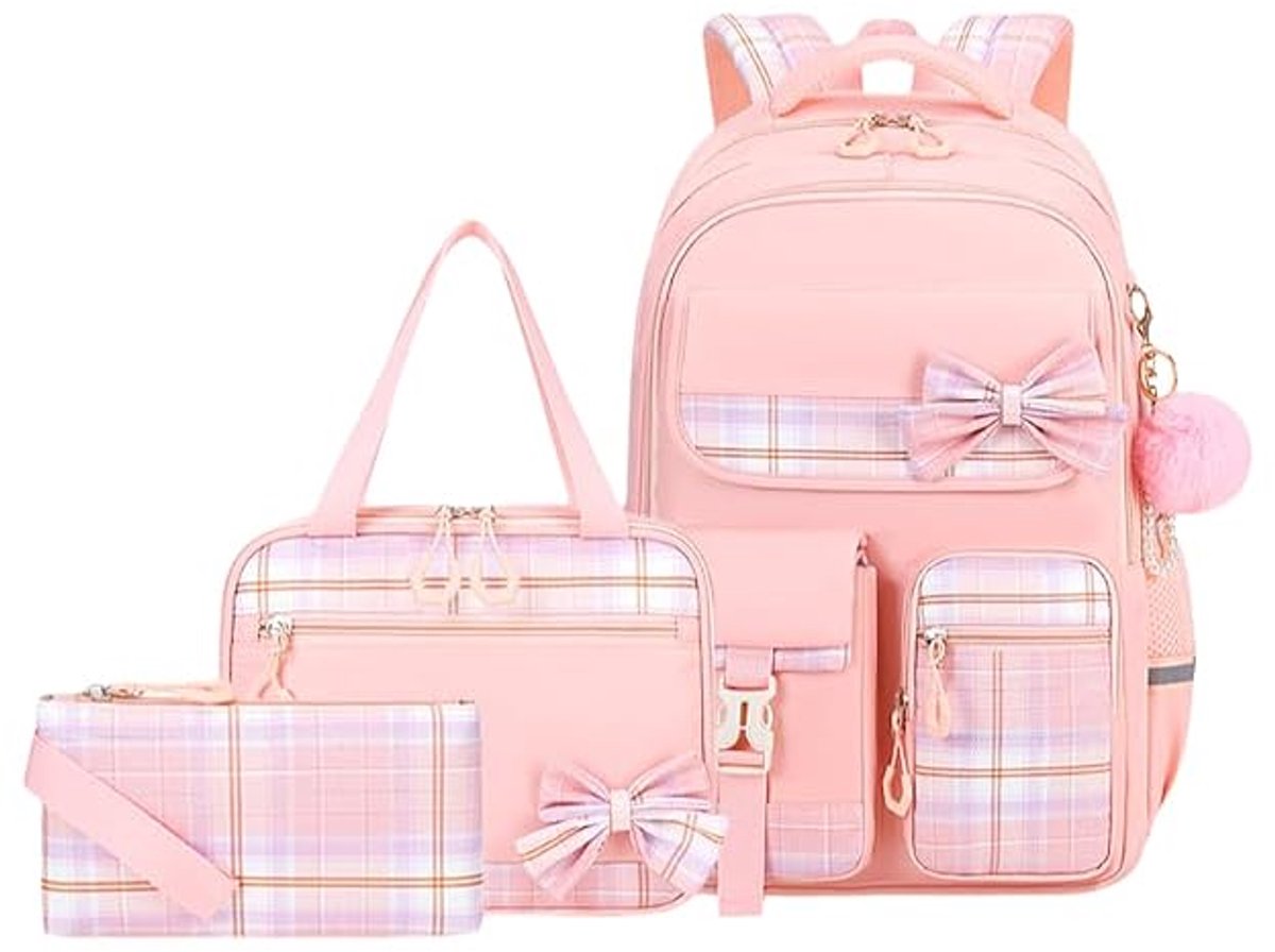 LISM-Rugzak voor meisjes, schattig ruitpatroon, grote waterdichte rugzak, 3-delige laptoprugzakset (roze)