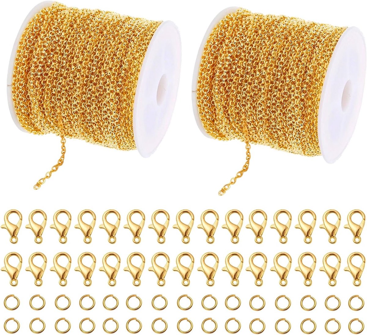 Gouden Ketting van 10 Meter voor Sieraden Maken, Rolketting voor Vrouwen, Uitbreidingsketting met 120 Ringen en 60 Sluitingen voor Armbanden en Kettingen, Perfect voor Creatieve Projecten en DIY Sieraden