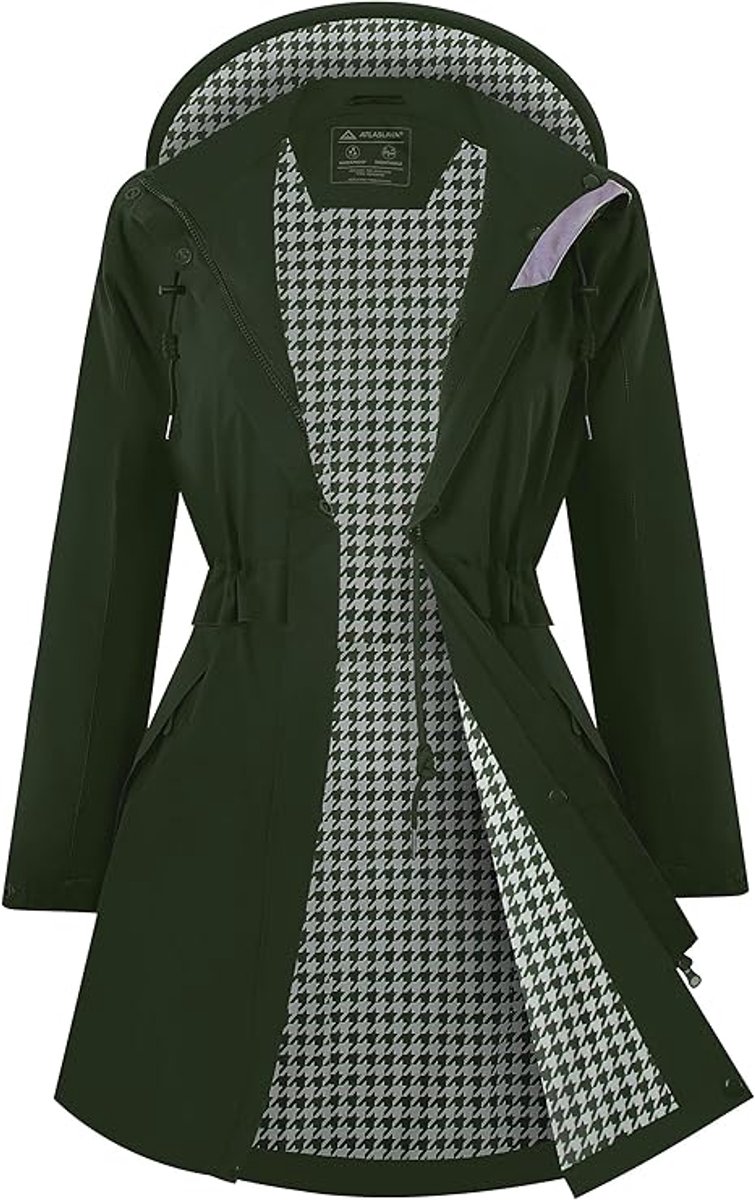 Regenjas Dames Waterdicht met Capuchon – Lange Winddichte & Ademende Outdoor Jas Lichtgewicht Regenjack voor Wandelen Fietsen en Reizen S-2XL Legergroen