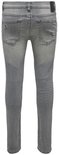 Achterkant van grijze skinny jeans met lichte verkleuringen en subtiele scheuren.