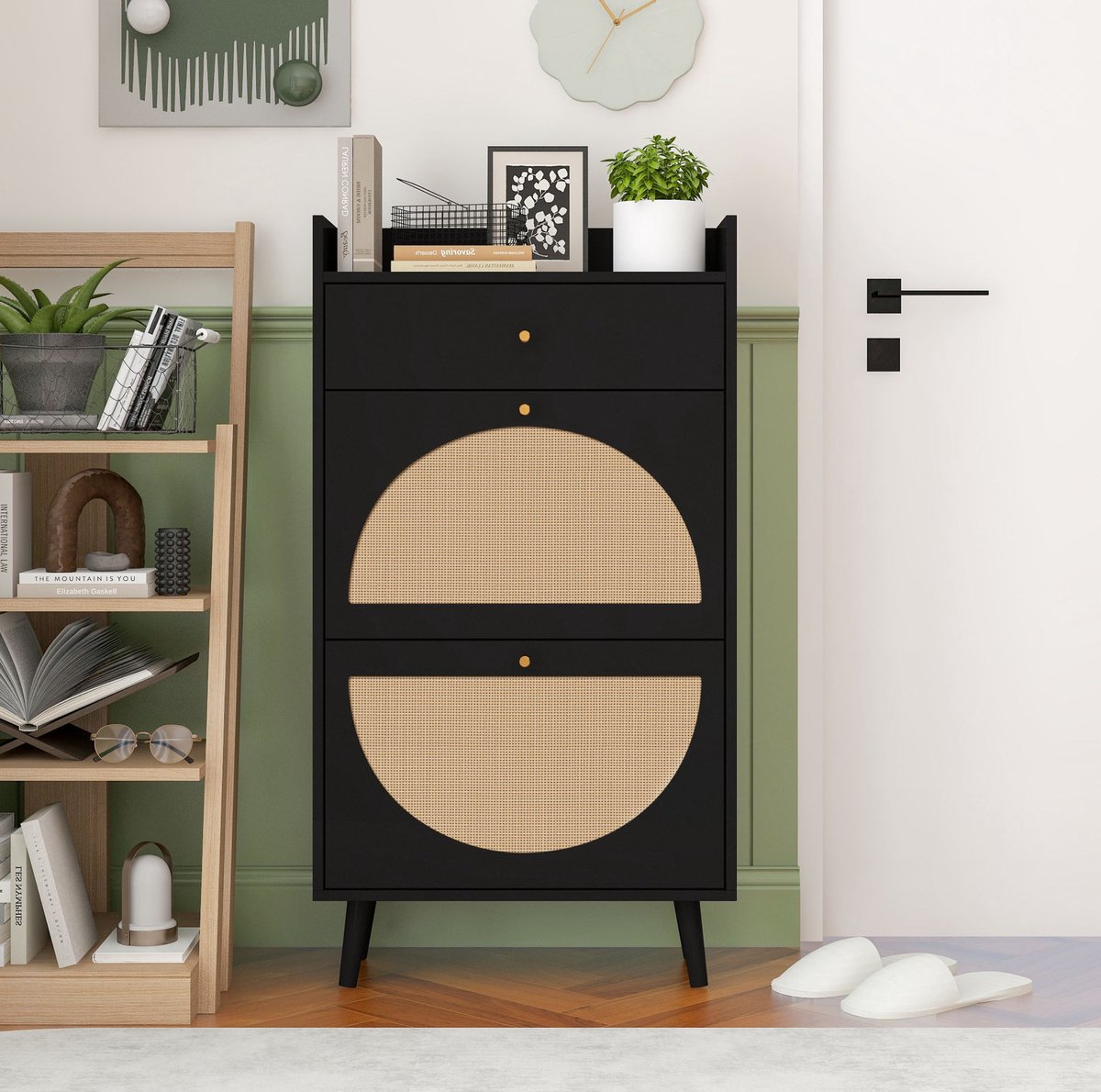 MEUNIQ Schoenenkast 60,2 x 24 x 110,3 cm met 2 deuren, 1 lade, dubbel schoenenrek en uitneembare plank voor hal of entree, zwart