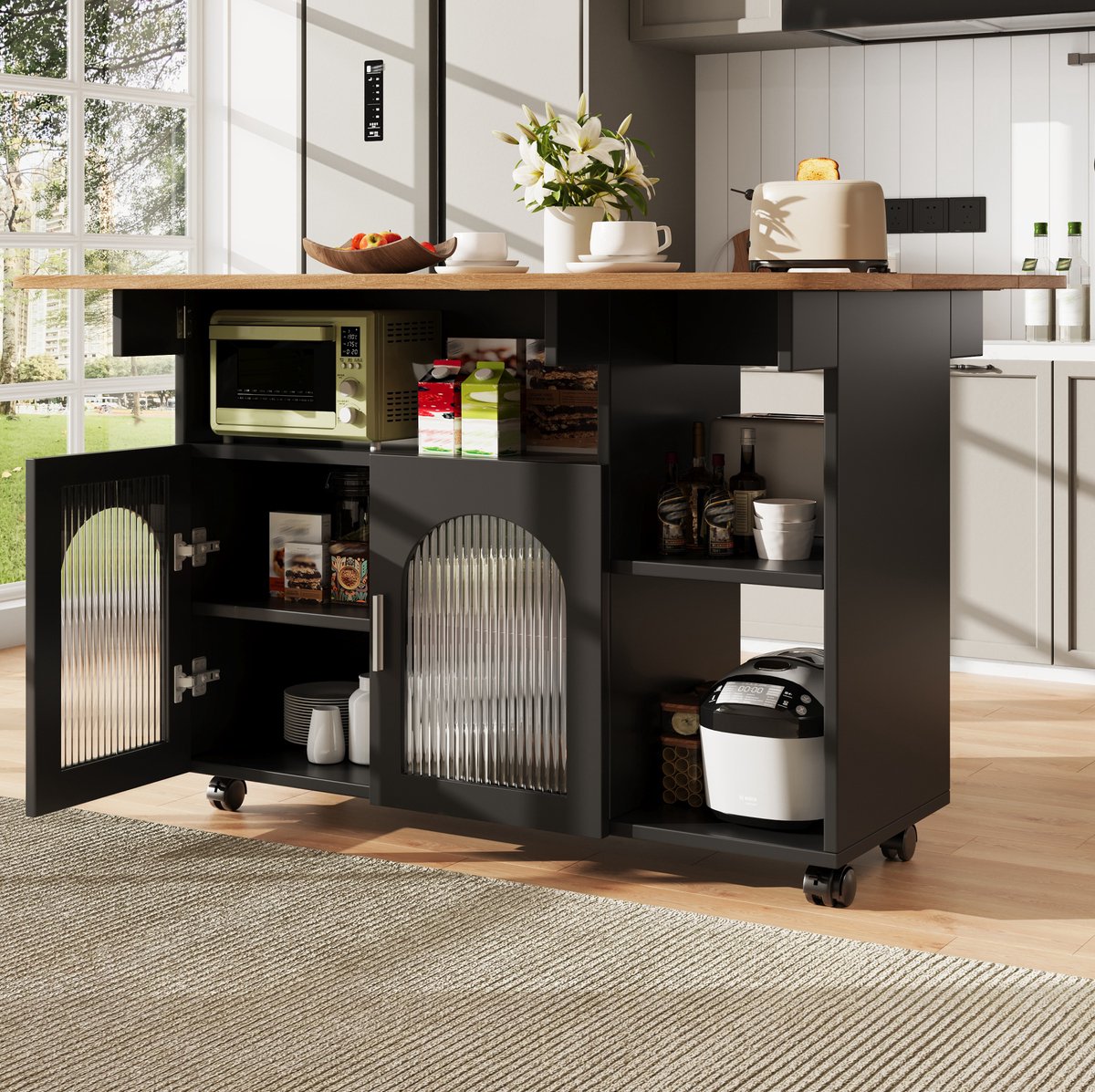MEUNIQ Keukeneiland 120 x 30 x 79,5 cm met uitklapbaar tafelblad, open vakken, gesloten opbergruimte en wielen voor keuken of eetruimte, zwart naturel