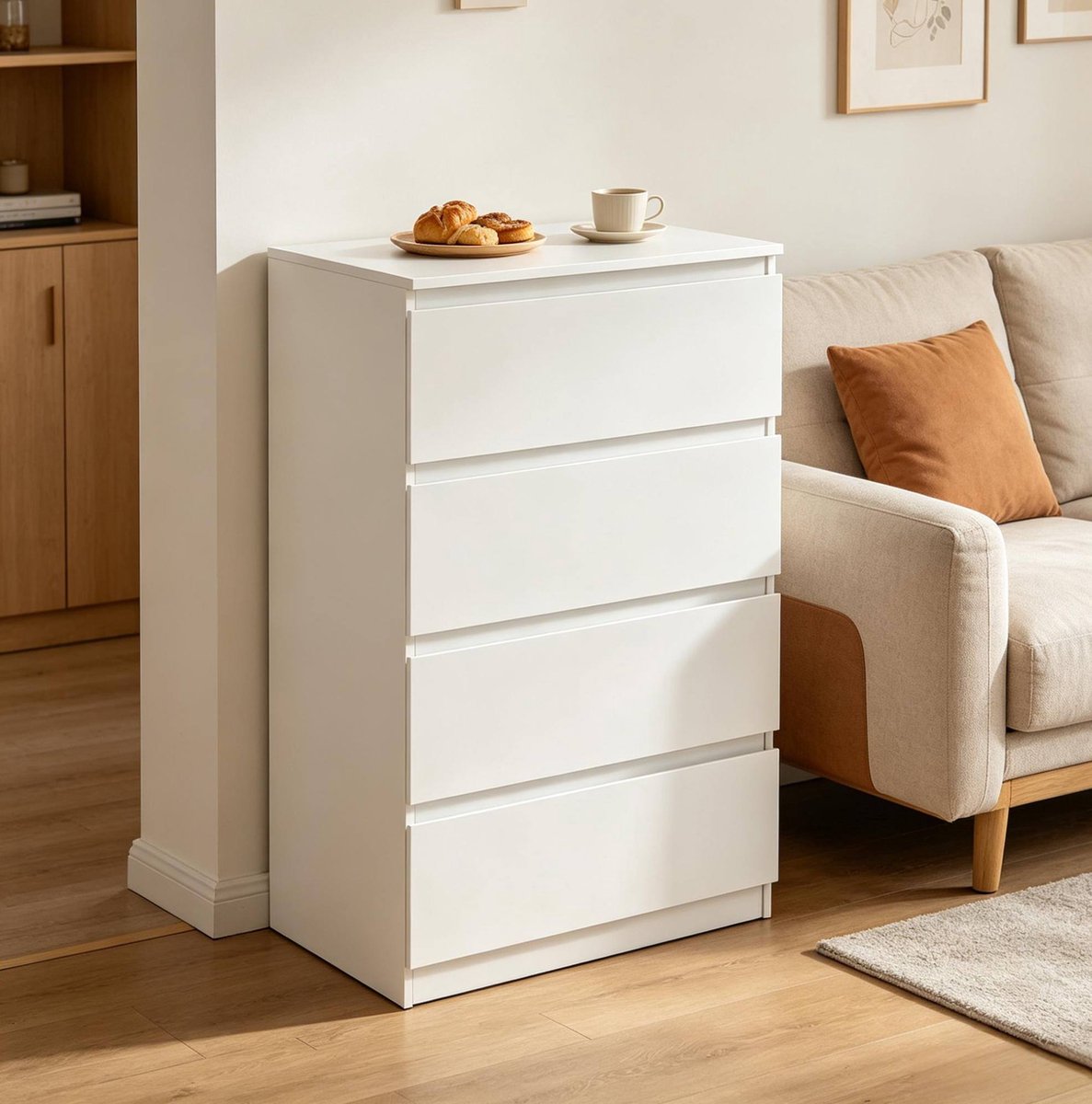 MEUNIQ ladekast met 4 lades 60 x 40 x 90 cm, witte opbergkast van hout met verborgen grepen, dressoir voor slaapkamer, woonkamer, hal of keuken