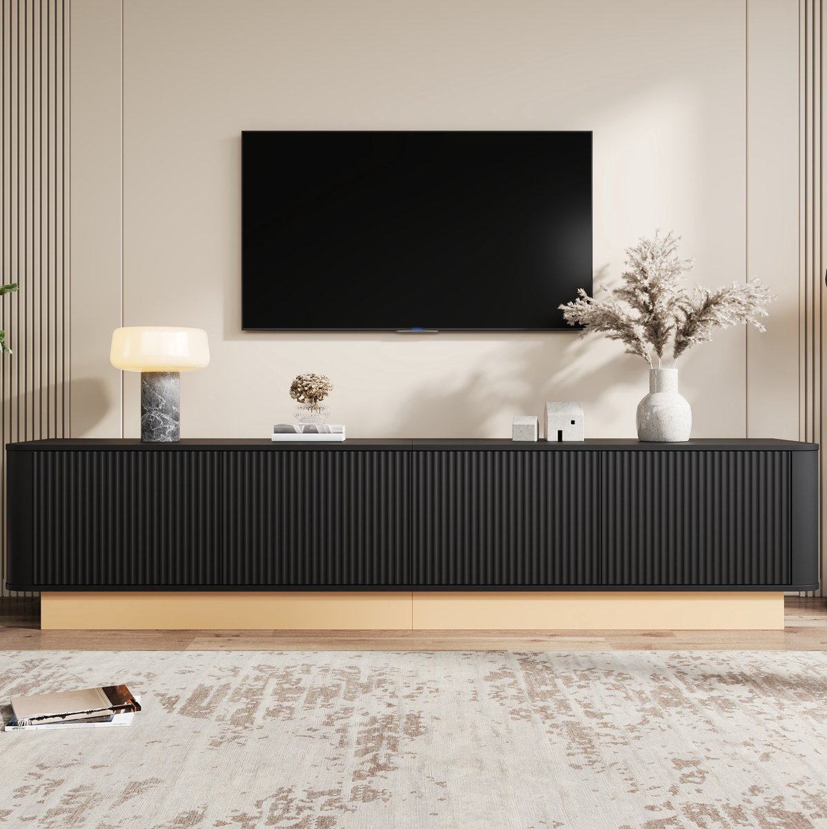 MEUNIQ TV-kast 200 x 40 x 47,5 cm met 4 deuren en verstelbare planken, geribbeld tv-meubel met kabeldoorvoer en afgeronde hoeken voor woonkamer, zwart