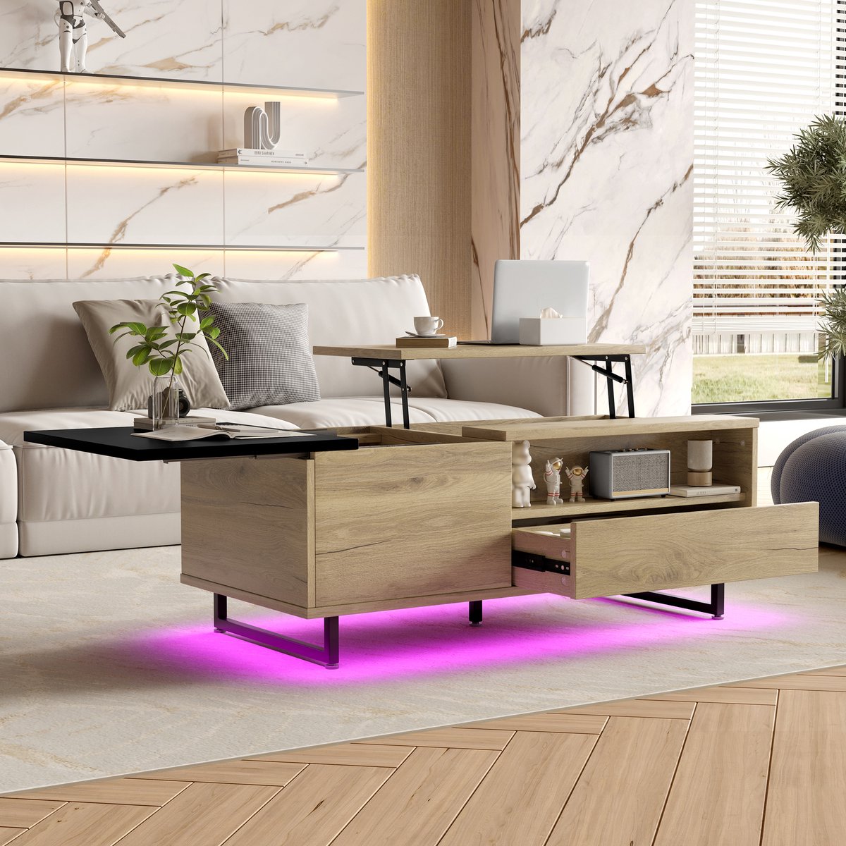 HAUSS SPOLE Salontafel - Verstelbaar Tafelblad Met Opbergruimte En Led - Voor Woonkamer En Kleine Ruimtes - Houtlook - Naturel