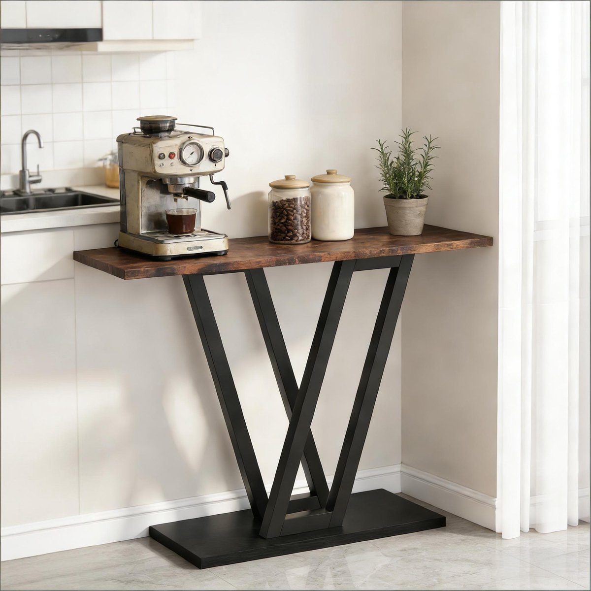 HAUSS SPOLE Consoletafel - Smal Design Met Metalen V Poten - Voor Hal En Woonkamer - Hout En Metaal - 110x30x80 Cm - Zwart Zwart, Rustiek Bruin