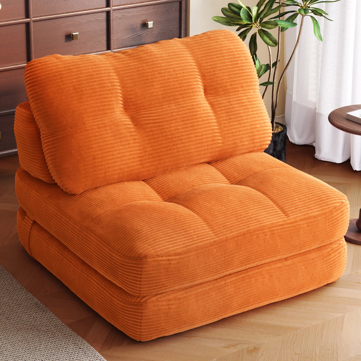 Guyii Opvouwbare Slaapfauteuil 1 Persoons Oranje, Corduroy Slaapbank met Rugleuning, Vloerbank en Loungestoel, Uitklapbare Fauteuil Bed voor Woonkamer en Slaapkamer