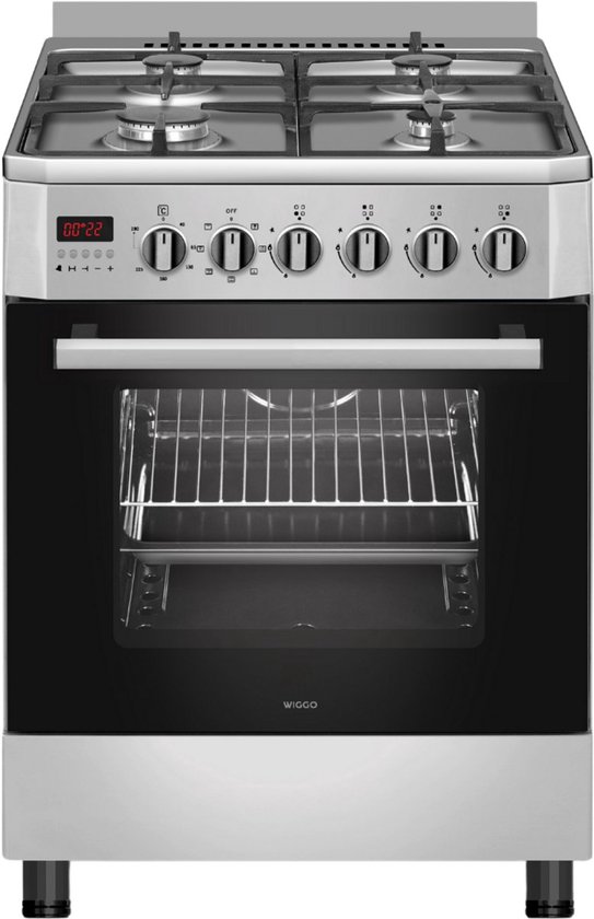 Wiggo WO-E609B(XX) – Vrijstaand gasfornuis – 60 cm – 4 kookzones – 56L elektrische oven – Roestvrijstaal – Elektrische vonkontsteking & vlambeveiliging – Energieklasse A – 5 jaar g…