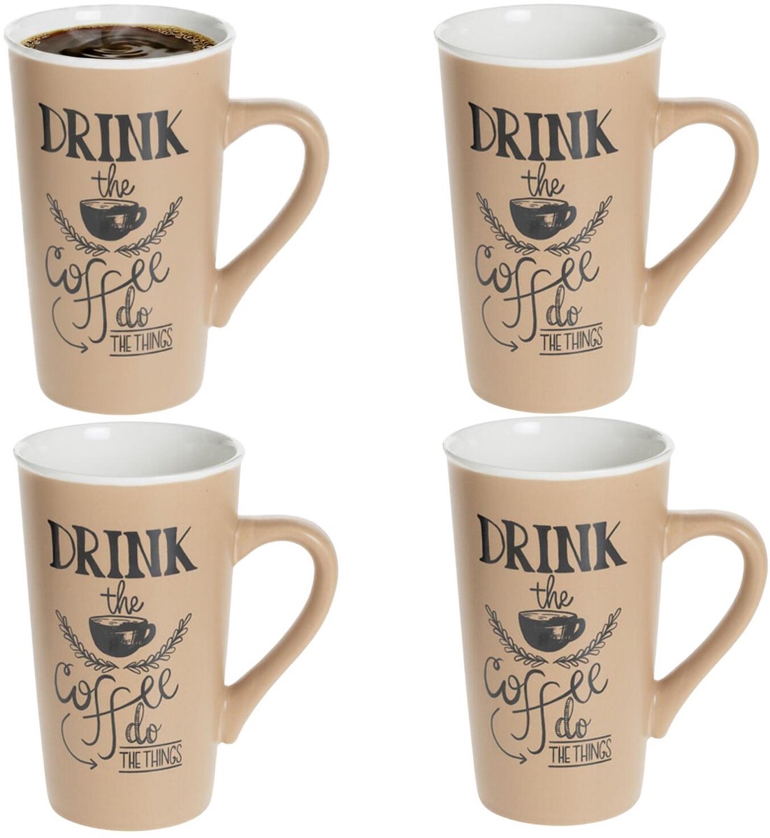Secret de Gourmet hoge koffie mok / beker met oor - 4x - beige - keramiek - 500 ml - koffie print - servies - warme dranken