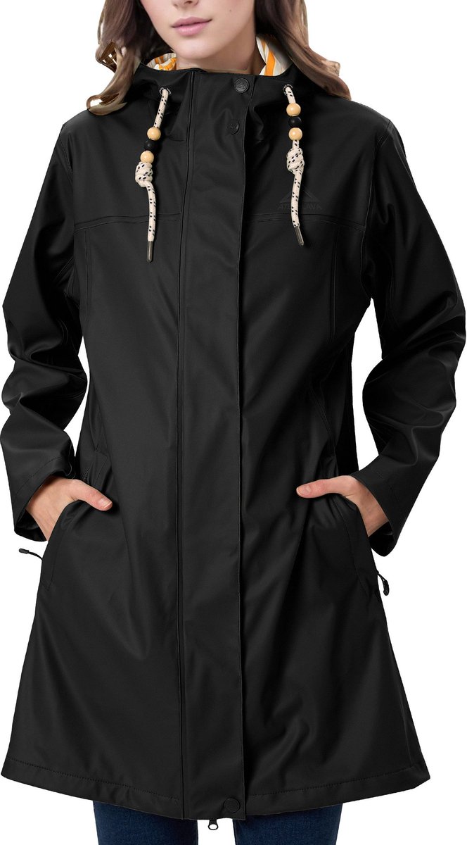OLOEY Lange regenjas dames PU parka met capuchon en zachte voering Zwart