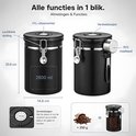 Afmetingen en functies van de zwarte RVS koffiebewaarpot: 20,8 cm hoog, 14,8 cm breed, 2800 ml, met CO₂-uitlaatventiel, luchtdichte sluiting en RVS maatlepel.