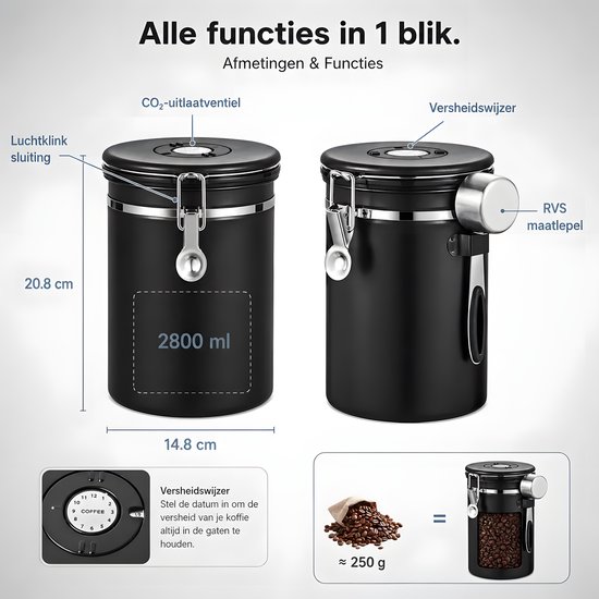 Afmetingen en functies van de zwarte RVS koffiebewaarpot: 20,8 cm hoog, 14,8 cm breed, 2800 ml, met CO₂-uitlaatventiel, luchtdichte sluiting en RVS maatlepel.