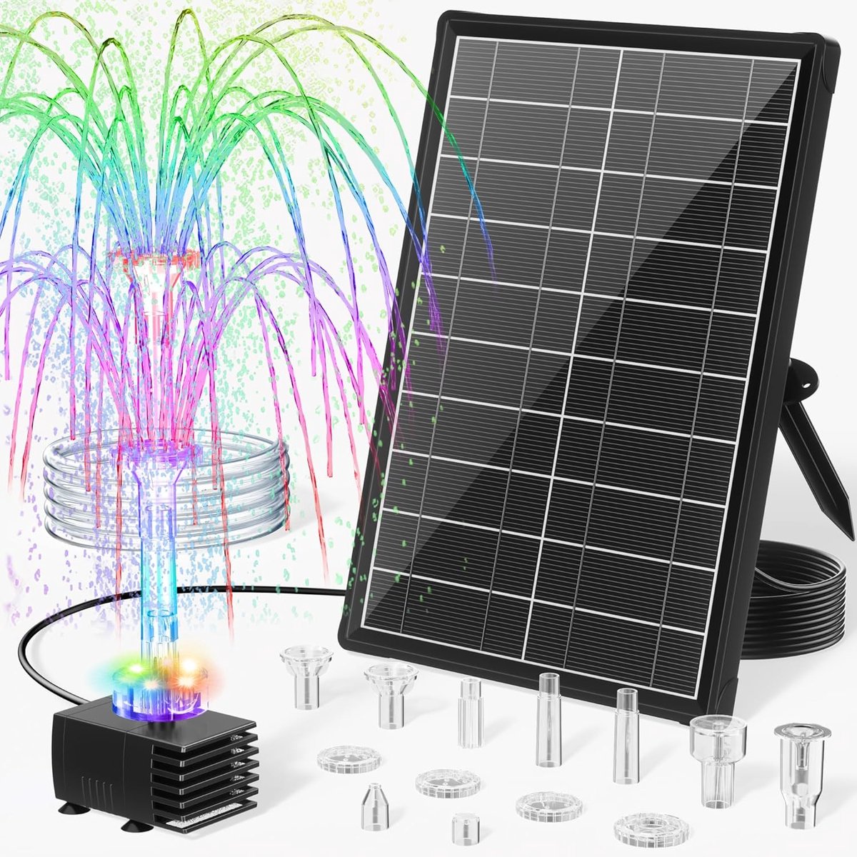 POPOSOAP 8 W Zonnefontein voor buitengebruik met 3600 mAh batterij - LED-verlichting - 8 sproeikoppen en 1,2 m PVC-slang voor vogelbad - tuinvijver en tuinwaterornament