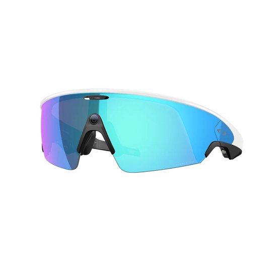 Witte Oakley Meta Vanguard zonnebril met een groot, spiegelend blauw-groen glas en zwarte accenten.