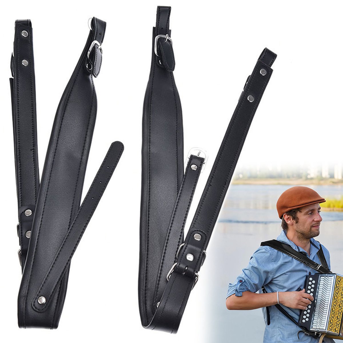Set van 2 zwarte leren schouderbanden voor accordeon – Verstelbaar 87–101 cm - Accordeonbanden - Leer - Zwart