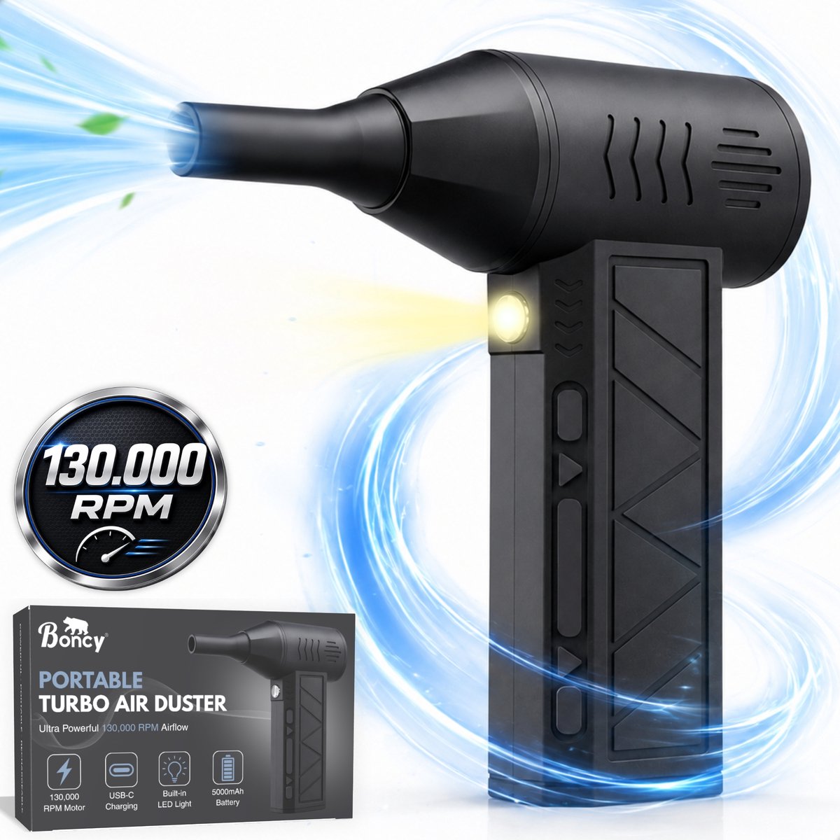 Boncy® Air Duster Pro - 130.000 RPM - 5000 mAh - Compressed Perslucht Turbo Fan - Oplaadbaar & Draadloos - Luchtblazer Stofreiniger - Stofblazer Computer - Jet Blower Pistool