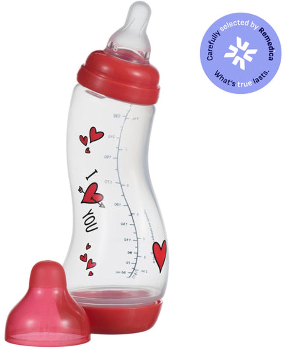 Bol.com Difrax Babyfles Natural - 250 ml - I Love You/Rood - 1 Stuk - S-fles - Anti Koliek aanbieding