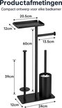 Afmetingen van de zwarte badkamer organizer: 20.5 cm breed, 60 cm hoog, met afmetingen voor plateau en rolhouders.