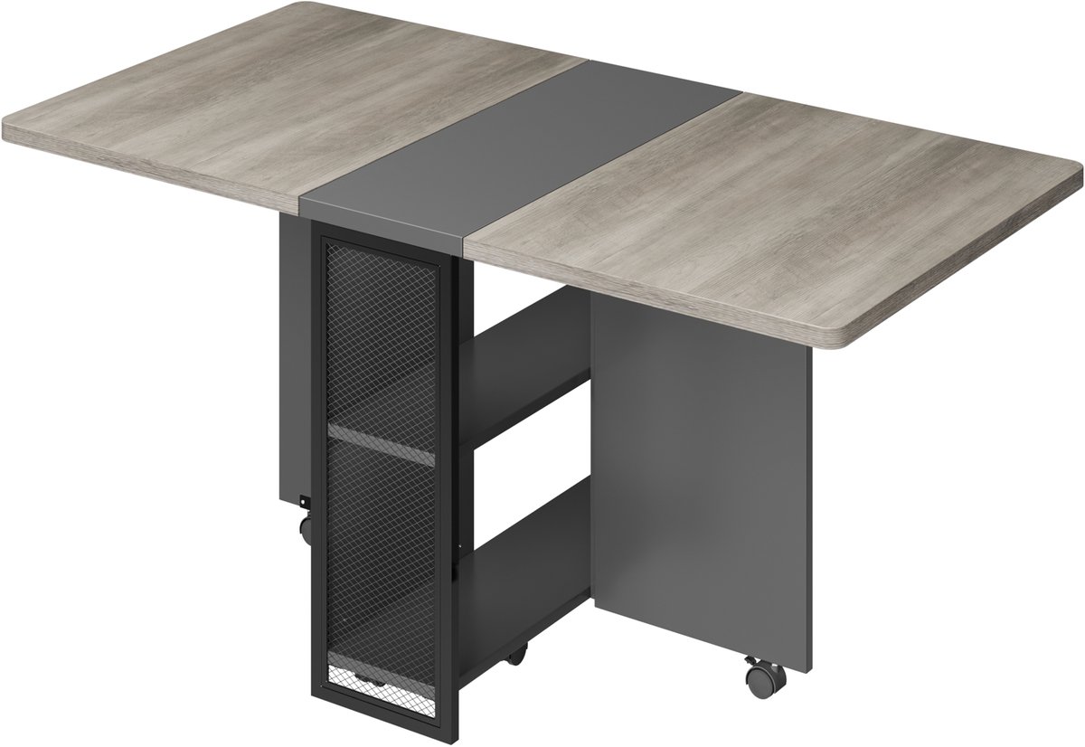 Eettafel Opvouwbaar - 127x80x75cm - 6 Wieltjes - Uitschuifbaar - Ruimtebesparend - 2 Lagen Opbergrekken Mobiel Bureau - Voor Kleine Ruimte of Appartement - Grijs