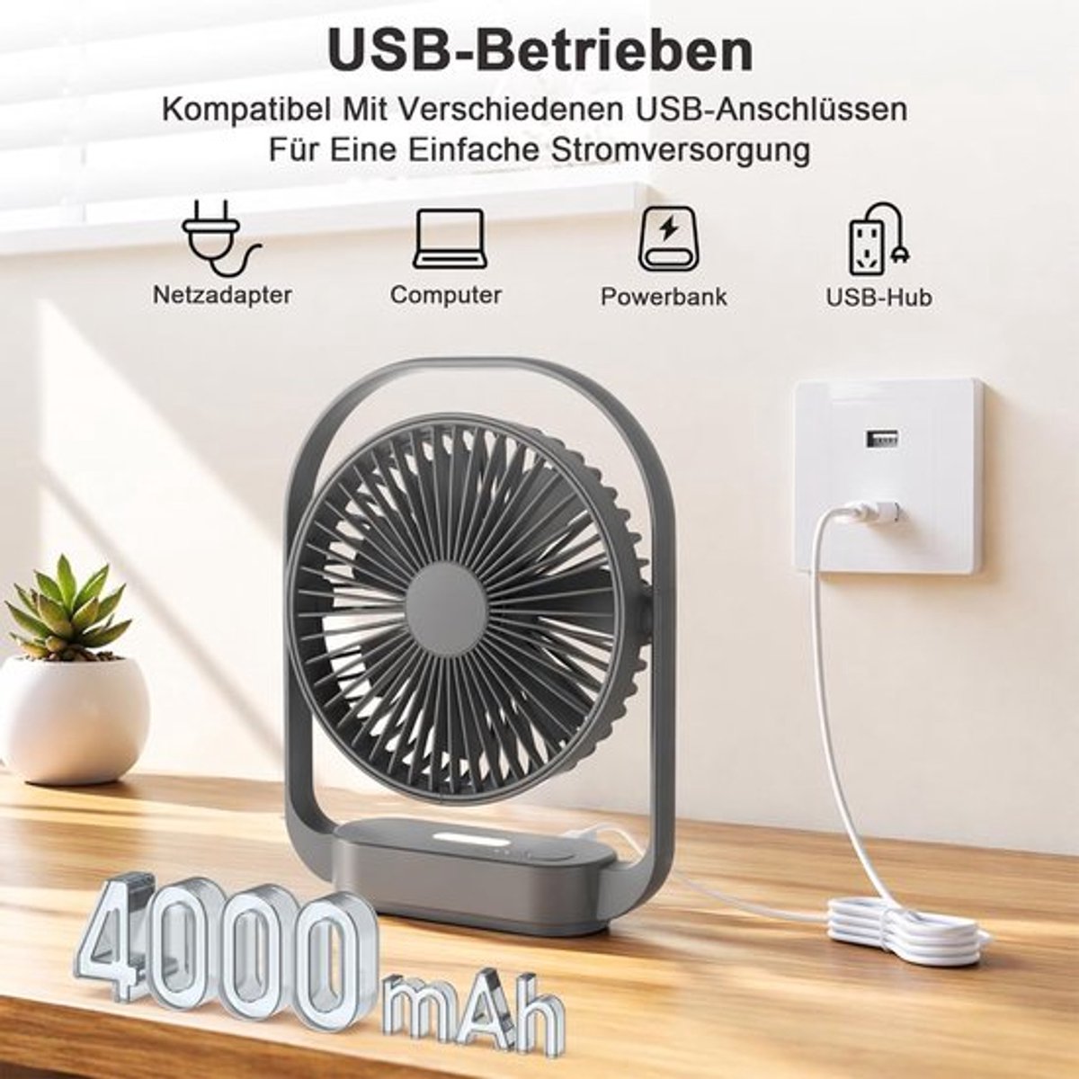 Solvix tafel ventilator geluidloos - Draadloze Tafelfan - 4000mAh Batterij thumbnail 5