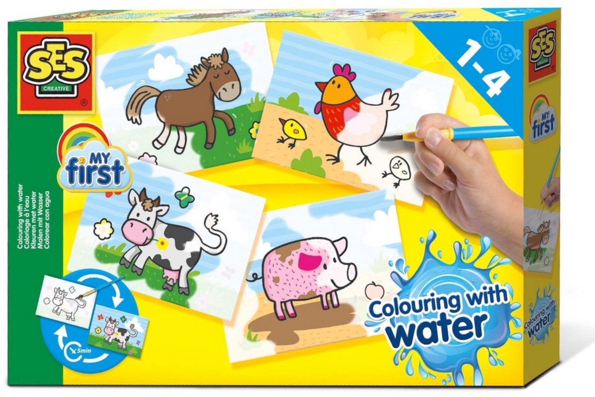 SES Creative- My First - Kleuren met Water - Boerderij dieren – verven - Zonder Geknoei - inclusief 4 kleurplaten en kwast - steeds opnieuw te gebruiken – 1 tot 4 jaar
