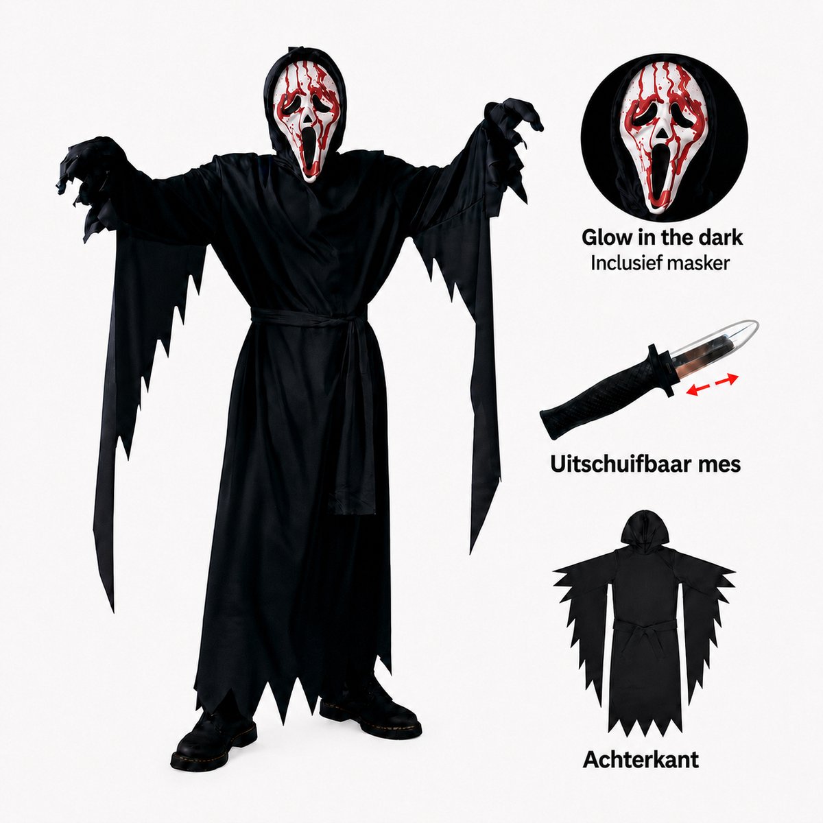Geweo Kinder Halloween Scream Kostuum (150-165cm) - Ghostface Pak met Bloederig Plastic Mes - Eng Film Kostuum voor Jongens & Meisjes - Tiener Maat