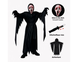 Geweo Kinder Halloween Scream Kostuum (150-165cm) - Ghostface Pak met Bloederig Plastic Mes - Eng Film Kostuum voor Jongens & Meisjes - Tiener Maat