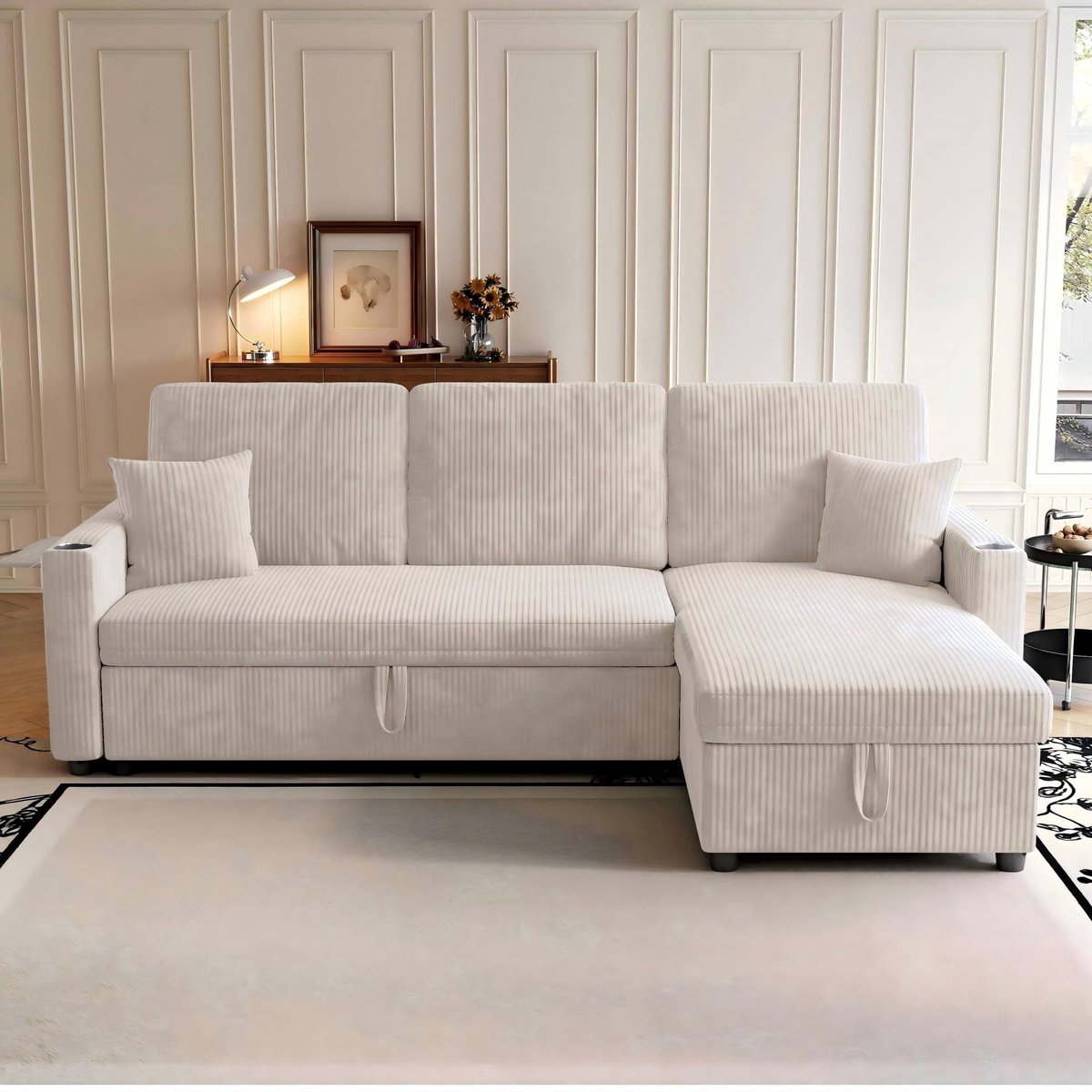 DESMIU Hoekbank 207,5 x 142 x 84,5 cm - Uitschuifbare Slaapbank Met Opbergruimte En Chaise Longue - Voor Woonkamer En Appartement - Corduroy Beige