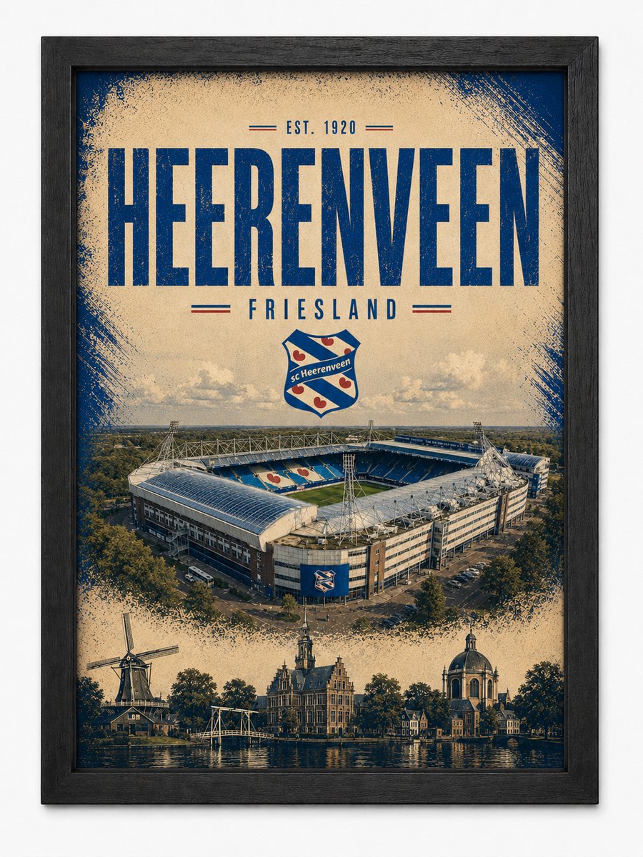 SC Heerenveen Poster | Abe Lenstra Stadion Vintage Art Print | Retro Voetbal Poster | Inclusief Zwarte A4 Lijst